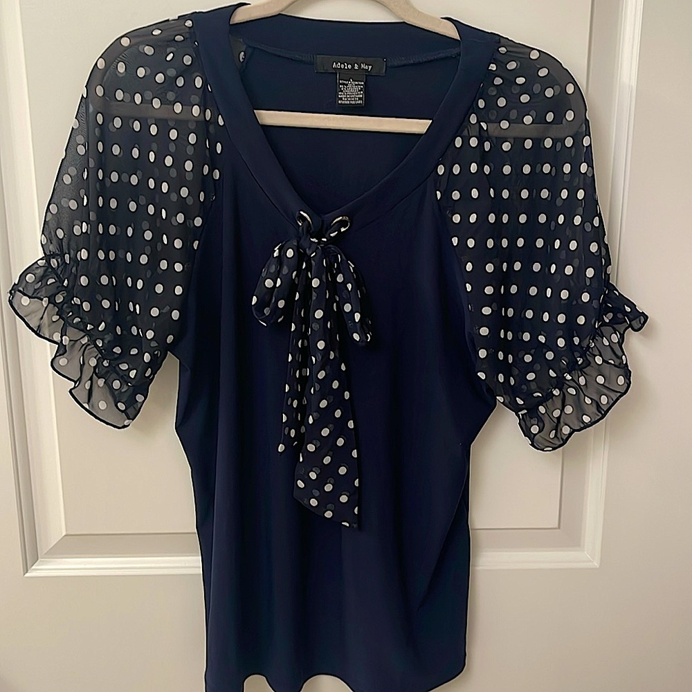Adele & May Knit Blouse/navy/polkadot sheer sleeves/ sz Lg